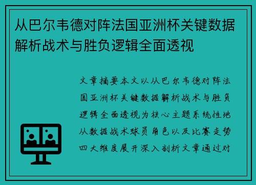 从巴尔韦德对阵法国亚洲杯关键数据解析战术与胜负逻辑全面透视
