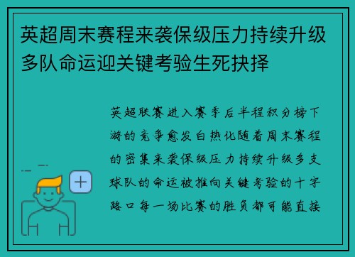 英超周末赛程来袭保级压力持续升级多队命运迎关键考验生死抉择